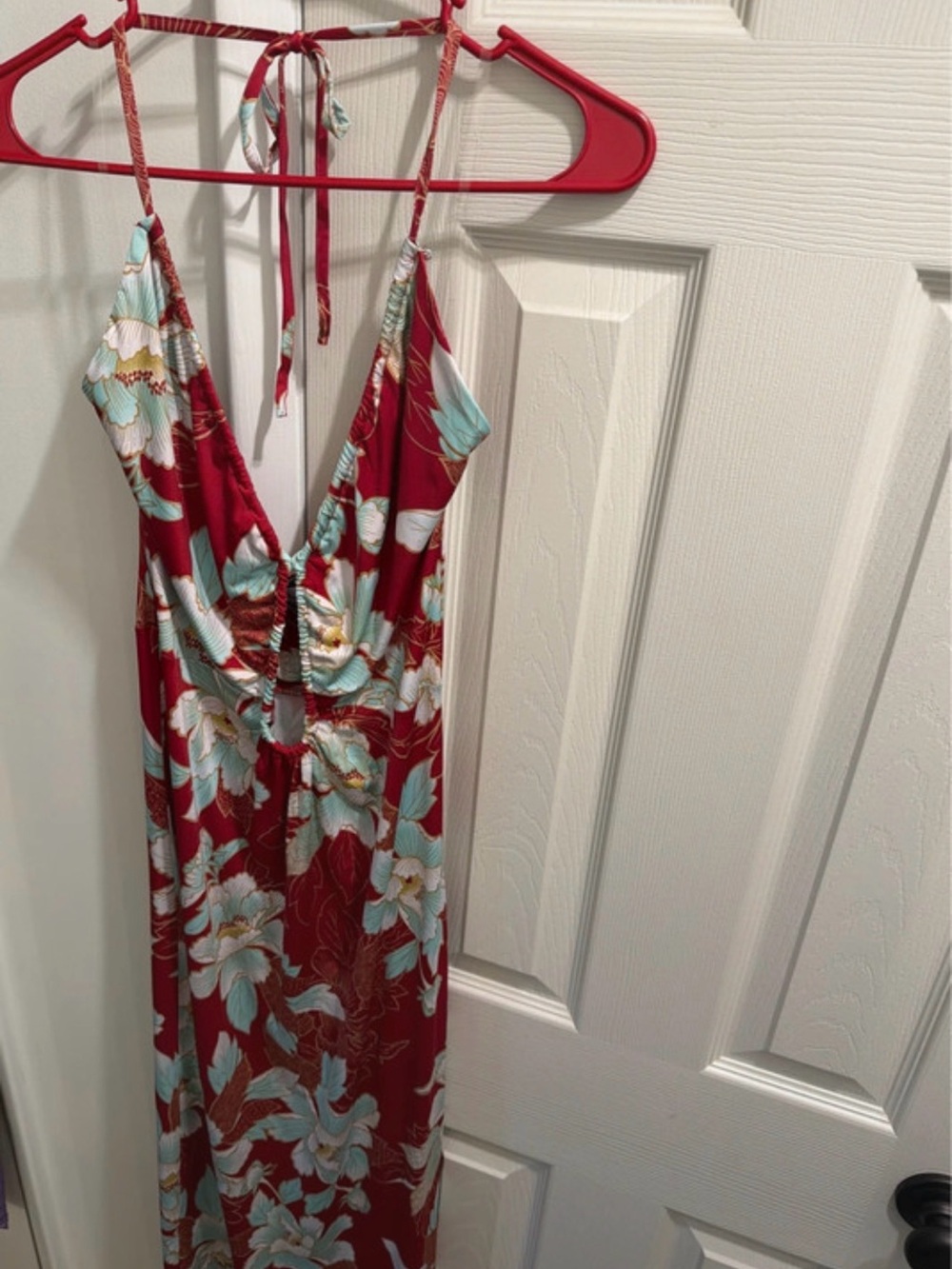 Veronica M Red Floral Halter Maxi with Aqua Blooms